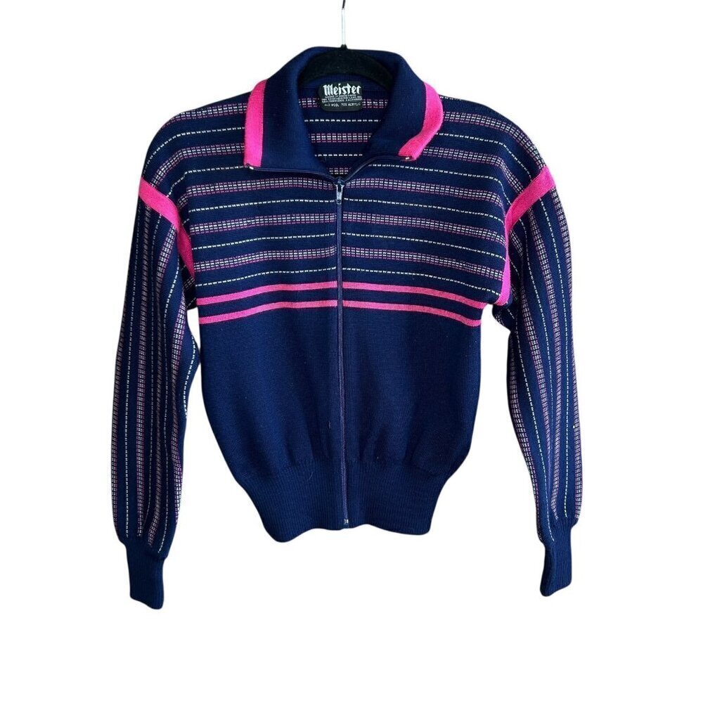 Meister Vintage Blue and Pink Striped Wool Blend Ski Sweater Size Small